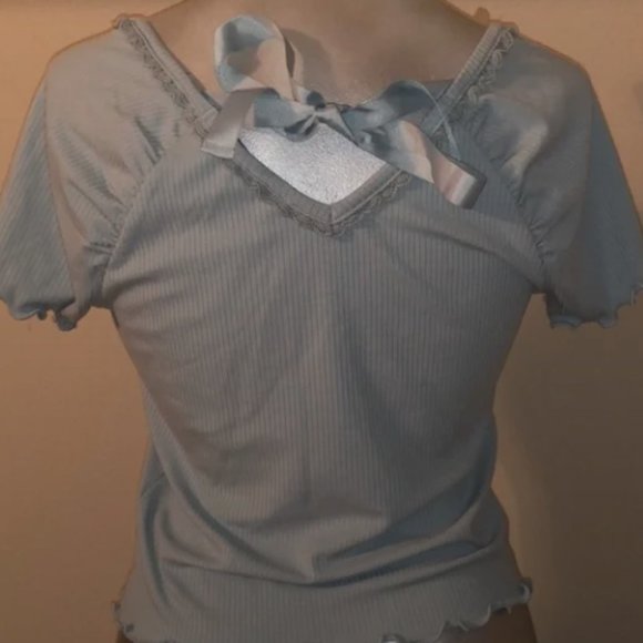 White and Pastel Light Blue Ribbon Shirt Medium American Rag - Picture 11 of 13